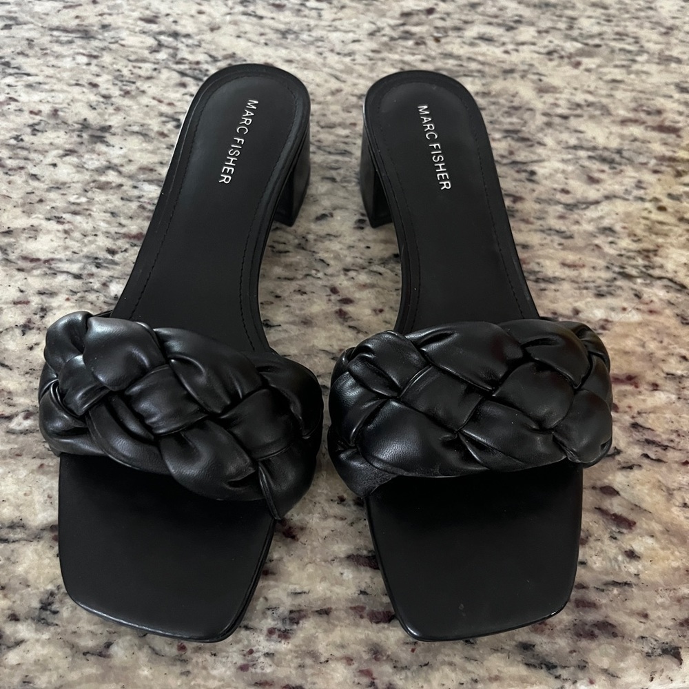 Marc fisher black woven heel sandals